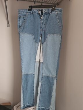 Mens Boohoo Two-Tone Patchwork Wide Leg Jeans in Light and Medium Blue